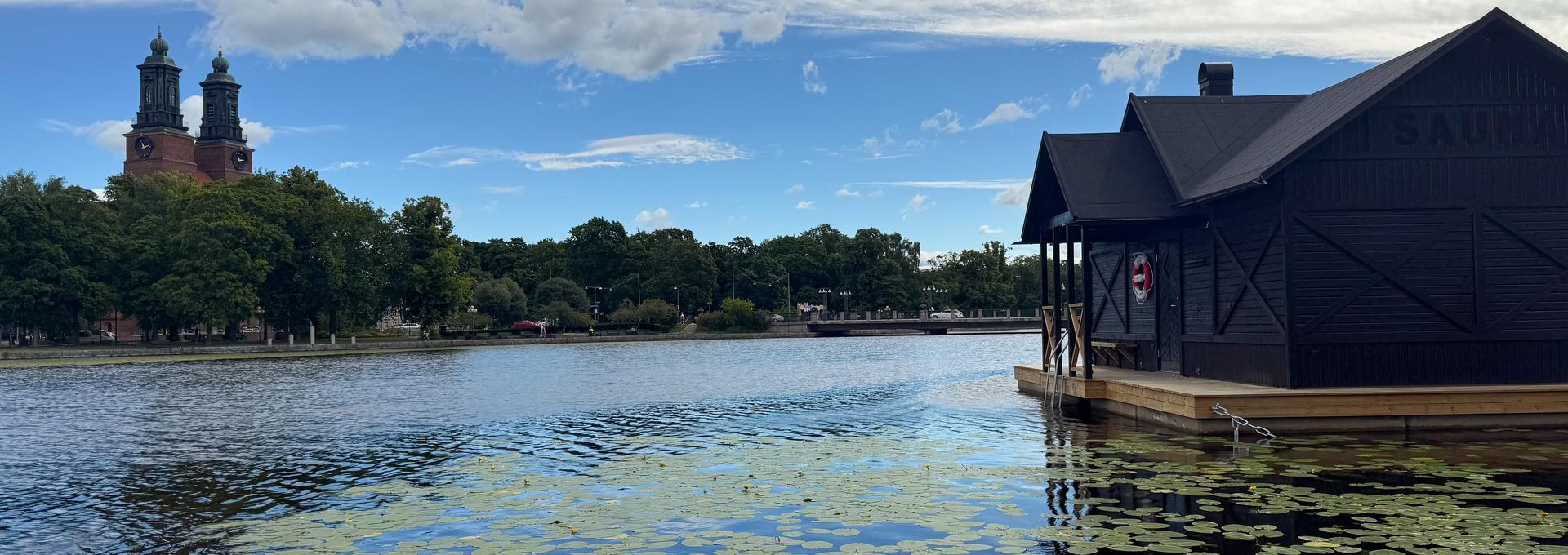 En å med näckrosor och en byggnad. En kyrka i bakgrunden.