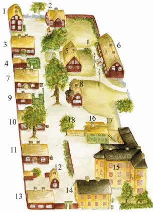 Målad 3D-kartbild över Rademachersmedjornas område. De olika husen är utmärkta med nummer från 1 till 17.